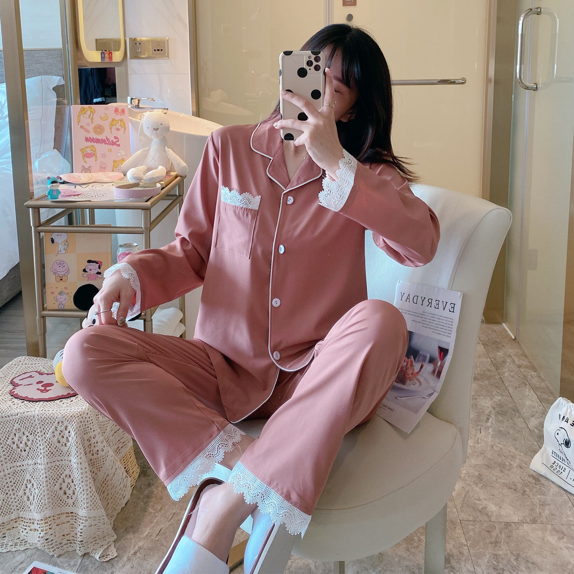 秋冬款仿真丝绸花边长袖长裤睡衣 音旨服饰睡衣/家居服套装