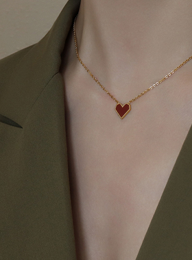 法式复古红色桃心项链吊坠高级感