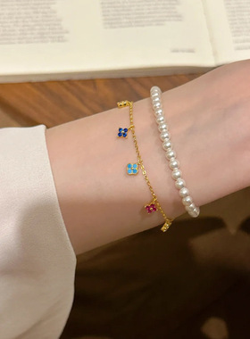 S925纯银彩虹四叶花手链显白