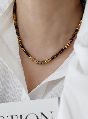 美拉德风天然虎眼石隔片串珠项链