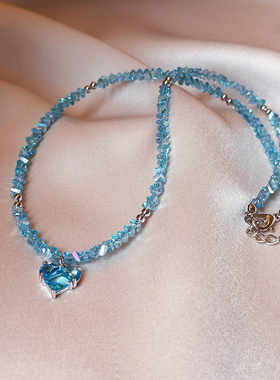 蓝色爱心串珠项链女款2024新款