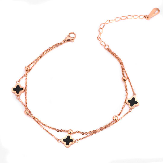 Personalized Korean style double-layered four-leaf flower anklet for female Internet celebrities, sexy rose gold titanium steel niche design anklet