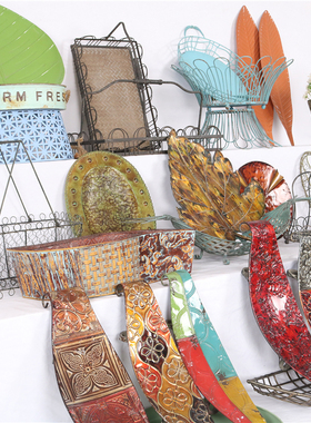 美式怀旧铁艺实木零食茶几竹编