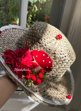 【现货】夏日海岛漂亮草帽纯手工缝制度假风仿真花朵遮阳帽子女