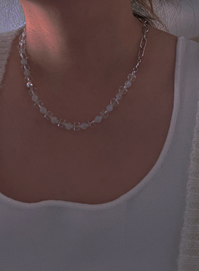 JUNHE新品设计师款冰岛回忆钻石海清冷感白水晶白月光石925银项链