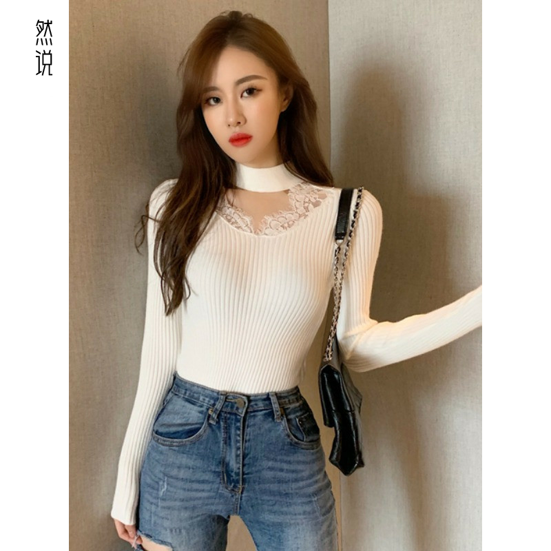 蕾丝拼接小众别致挂脖独特上衣超好看打底衫女内搭秋冬针织毛衣,淘宝优惠券,粉丝福利购,淘宝优惠卷