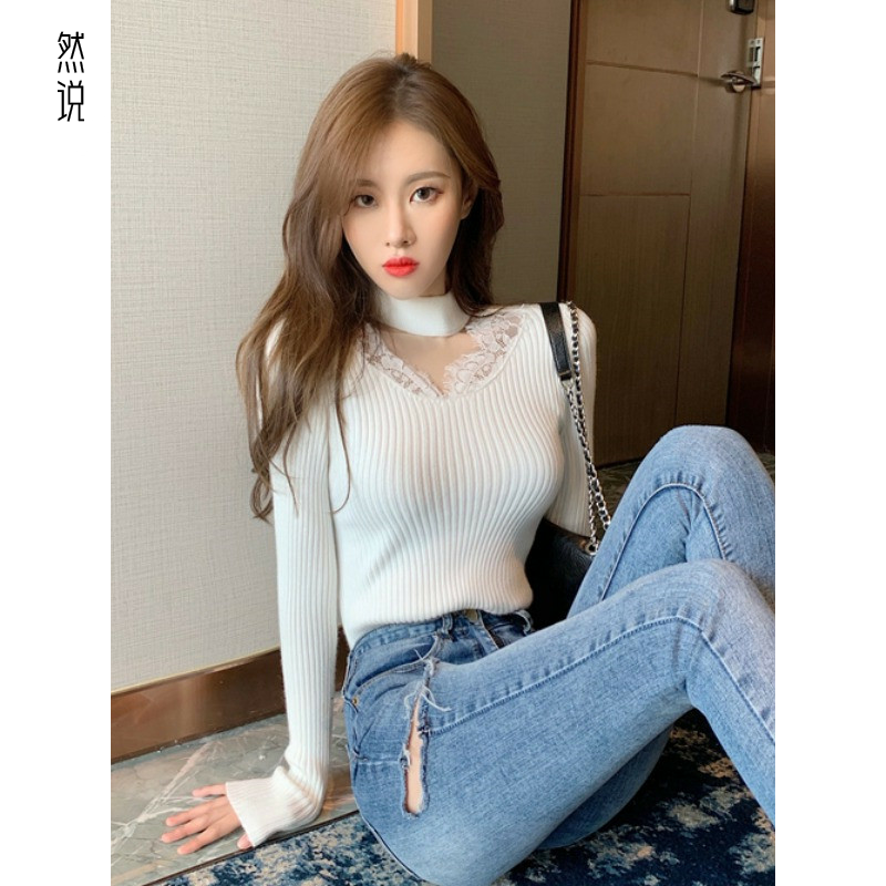 蕾丝拼接小众别致挂脖独特上衣超好看打底衫女内搭秋冬针织毛衣,淘宝优惠券,粉丝福利购,淘宝优惠卷