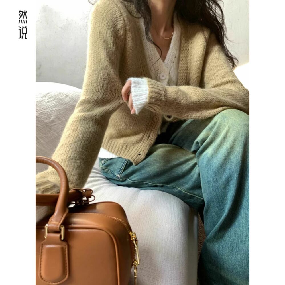 灰色假两件长袖v领毛衣针织衫开衫女春秋秋季短款慵懒风上衣早秋 - 图2