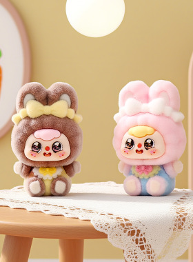 新品植绒萌粒摆件卡通可爱蝴蝶结兔兔桌面装饰品潮玩公仔创意礼品