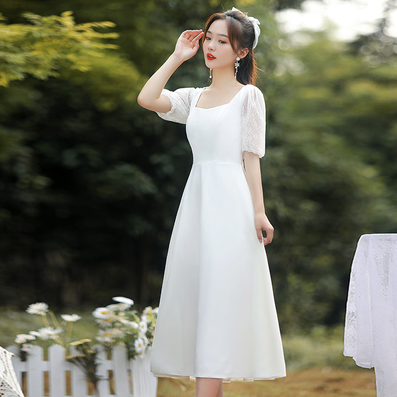 领证小白大码方领缎面显瘦轻夏裙子 美蓓可连衣裙