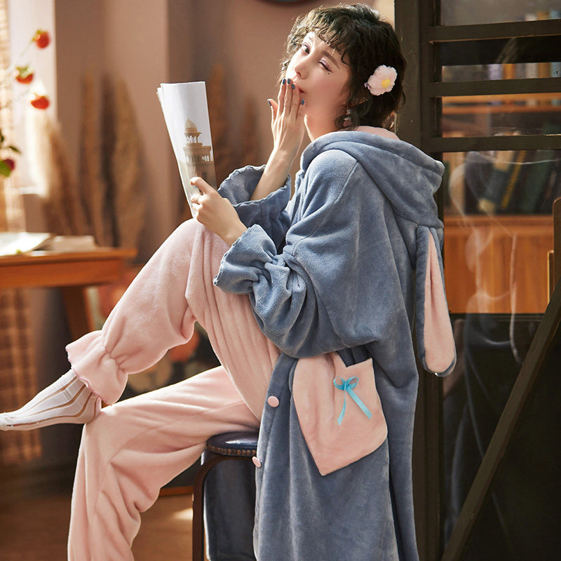 秋冬季珊瑚绒长款两件套装冬天睡袍 思妮兰睡衣/家居服套装