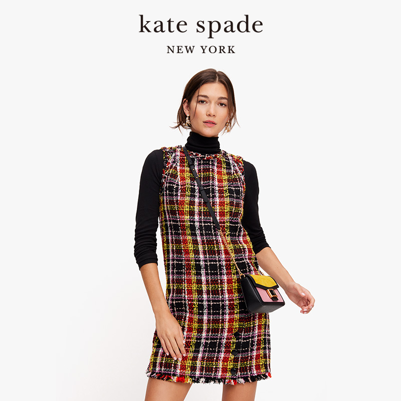 kate spade ks艺术格纹粗花呢连衣裙设计感复古时尚秋冬款通勤女-图0