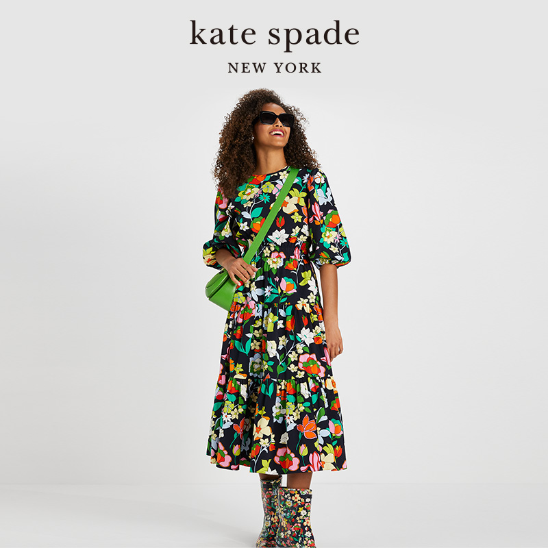 kate spade ks花卉图案连衣裙时尚度假碎花优雅精致长裙女士夏-图0