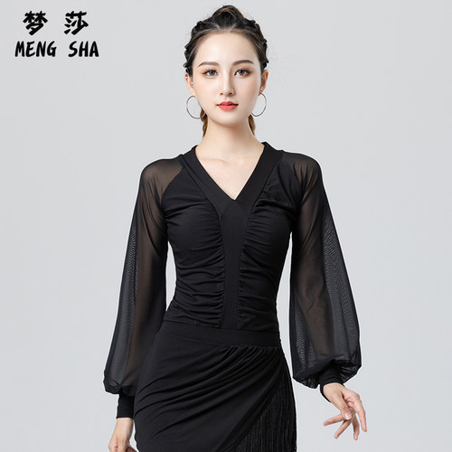 秋季摩登舞上衣女新款V领国标舞性感白色拉丁舞服连体舞蹈比赛服 - 图2