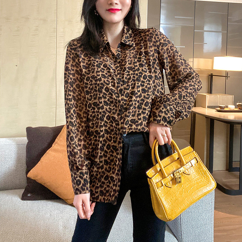 轻熟复古豹纹雪纺欧洲站秋装衬衫 绣檬玥衬衫
