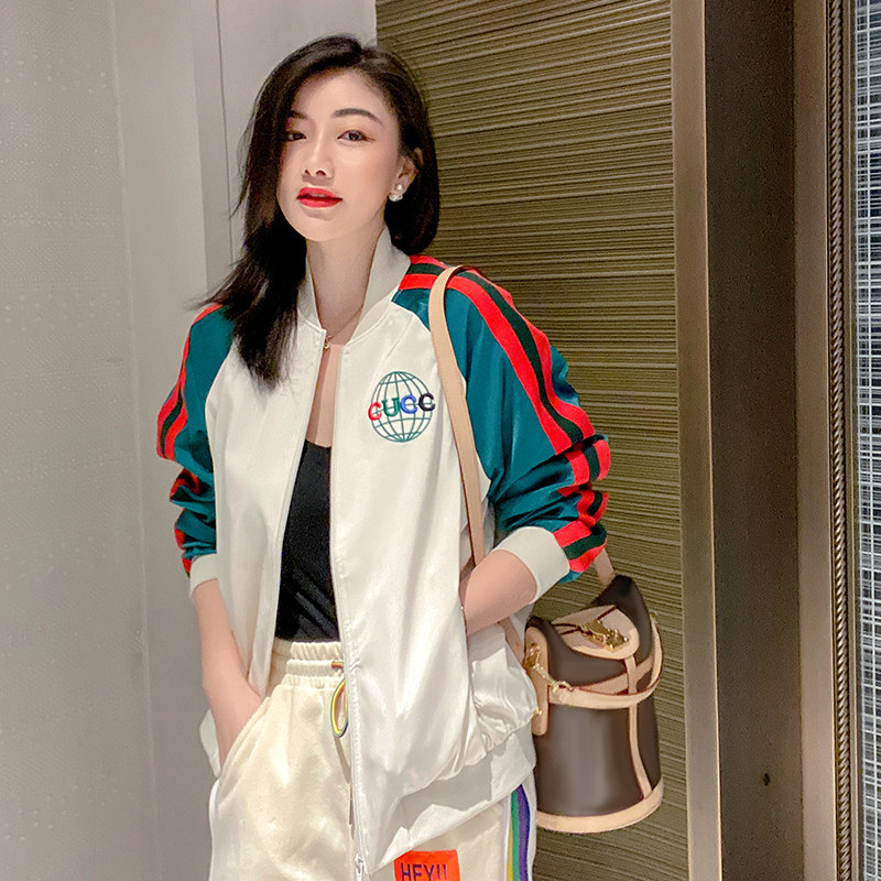休闲运动条纹棒球服欧洲站春秋夹克 绣檬玥短外套