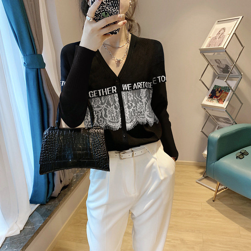 v领蕾丝黑色法式显瘦短款针织衫 绣檬玥毛针织衫