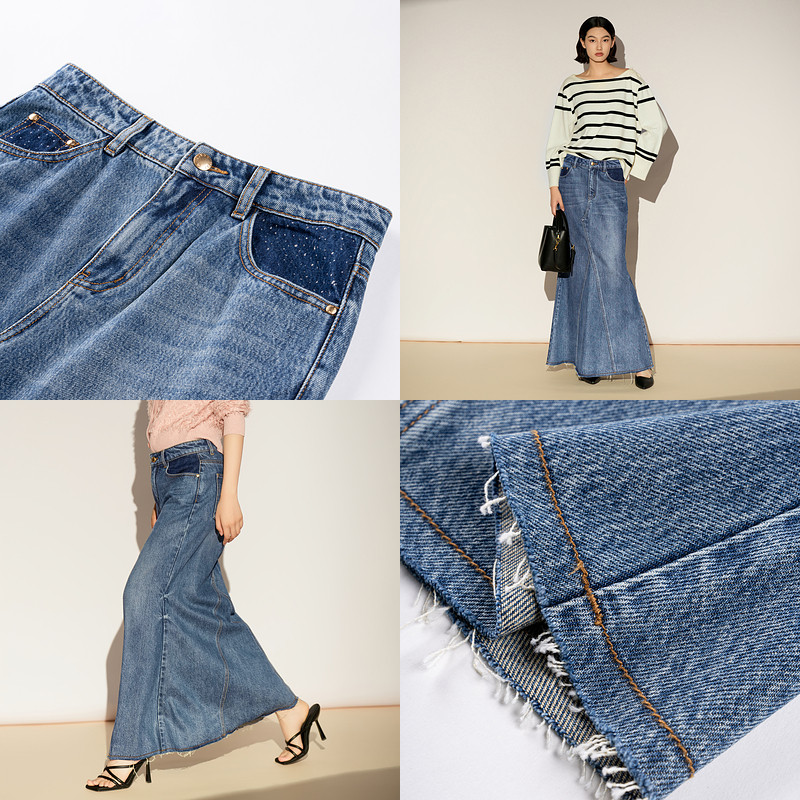 XG/雪歌XL103020A219棉感牛仔裙鱼尾半身裙莱赛尔包臀修身长裙女,淘宝优惠券,粉丝福利购,淘宝优惠卷