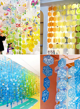 六边形环创吊饰pp磨砂彩色塑料片涂鸦绘画片教室美工角区手工材料