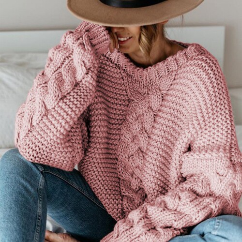 V-Neck Sweater Chunky Cable Knit Solid Color Jumper Top 女士 - 图0