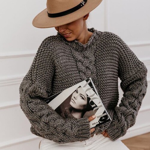 V-Neck Sweater Chunky Cable Knit Solid Color Jumper Top 女士 - 图2