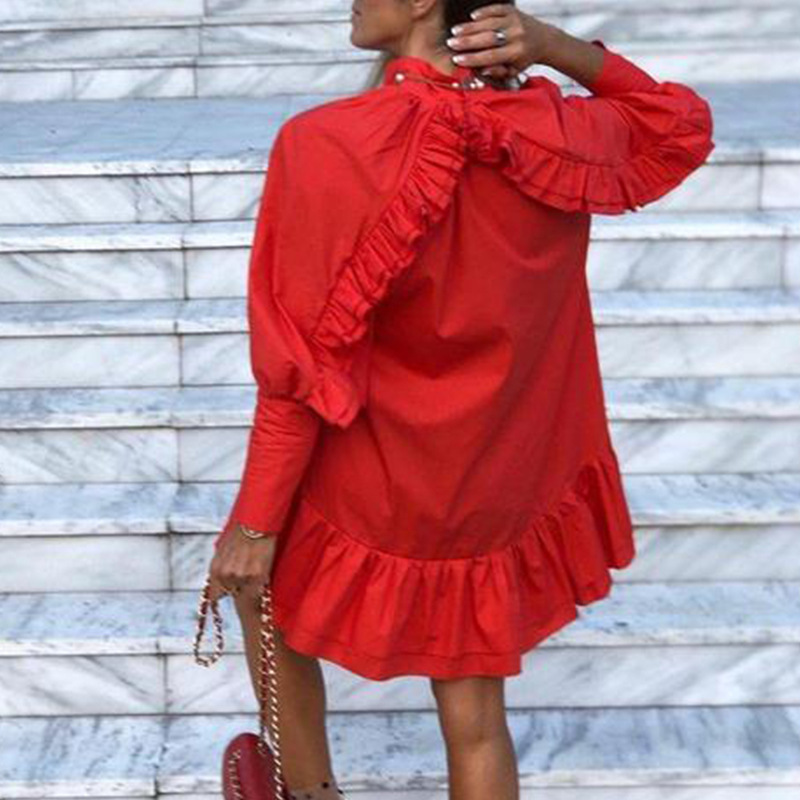 tern Sleeve Back With Ruffles Korean Style Elegant Red Dress - 图0