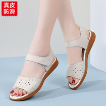 2023 Summer Exterior Wearing New Leather Face Mom Sandals Comfort Soft Bottom Stew Wear Resistant Anti-Slip Flat Bottom Sandal Lady