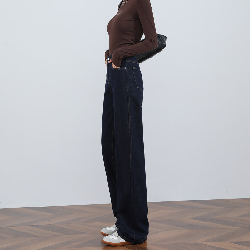 深蓝色窄版直筒牛仔裤女秋冬新款时尚宽松显瘦加绒百搭阔腿拖地裤,淘宝优惠券,粉丝福利购,淘宝优惠卷