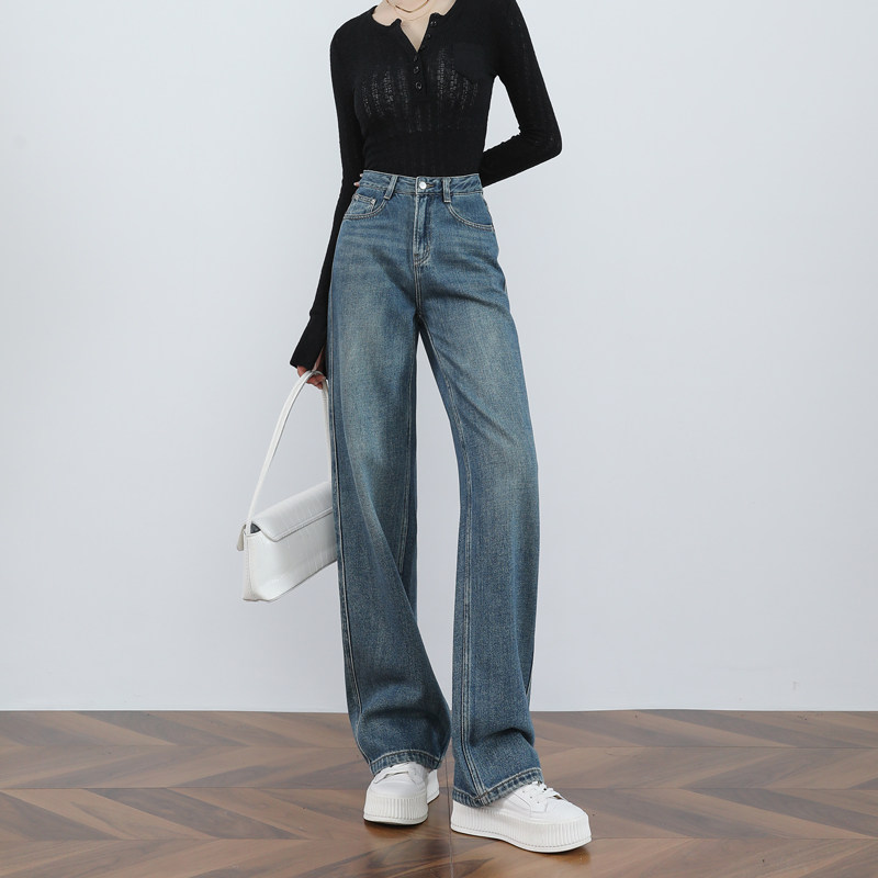 深蓝色窄版直筒牛仔裤女秋冬新款时尚宽松显瘦加绒百搭阔腿拖地裤,淘宝优惠券,粉丝福利购,淘宝优惠卷