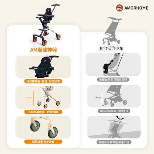 AMORHOME遛娃神器轻便可折叠高景观溜娃神器伞车婴儿推车可坐可躺 - 图1