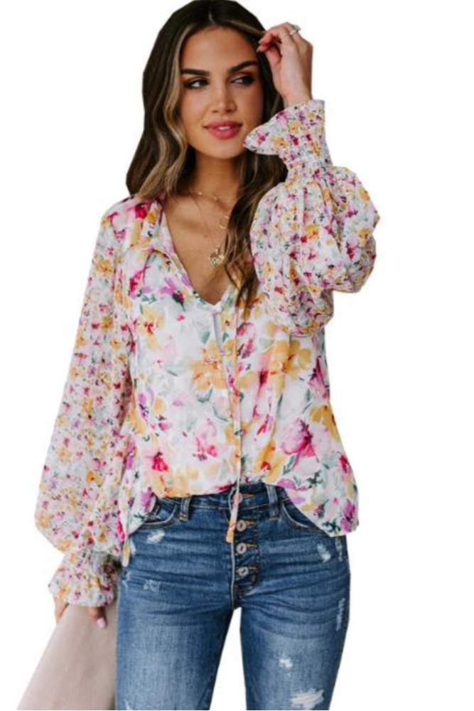 碎花灯笼袖雪纺上衣夏 Floral Balloon Sleeve Loose Chiffon Top - 图3