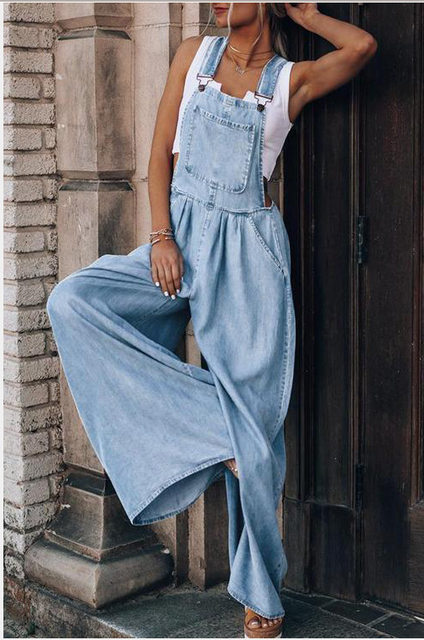 2021 Amazon wish cross-border summer new women's loose side pocket sleeveless denim overalls