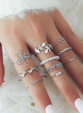 戒指Flower jewelry Set Simple Leaf Pearl Ring Set joint Ring
