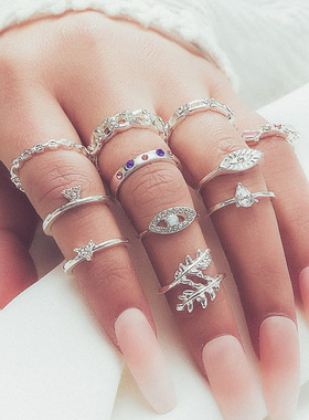 Europe America Leaf colored diamond joint ring set rings戒指