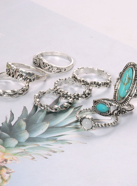 戒指New ethnic style Elephant Turquoise Set Joint Ring Rings