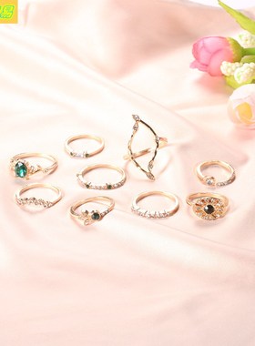 European American Diamond Emerald Knuckle joint Rings 9pcs女