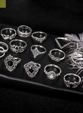 15pcs Bohemian vintage ancient anemone ring Joint ring set