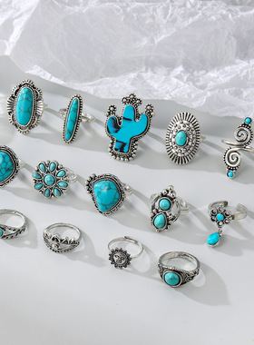 Retro Bohemian Turquoise Carving Set Ring for Women/Ring戒指