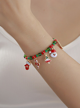 Beaded Christmas Day Elk Santa Claus Cane snowflake Bracelet