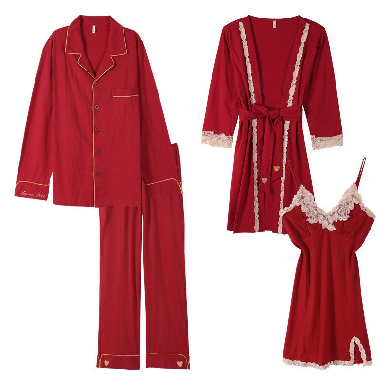 春秋结婚睡裙2021新娘纯棉红色晨袍 莎奈丝睡衣/家居服套装
