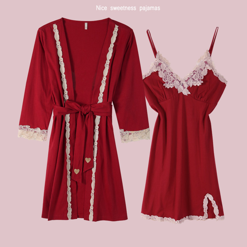春秋结婚睡裙2021新娘纯棉红色晨袍 莎奈丝睡衣/家居服套装