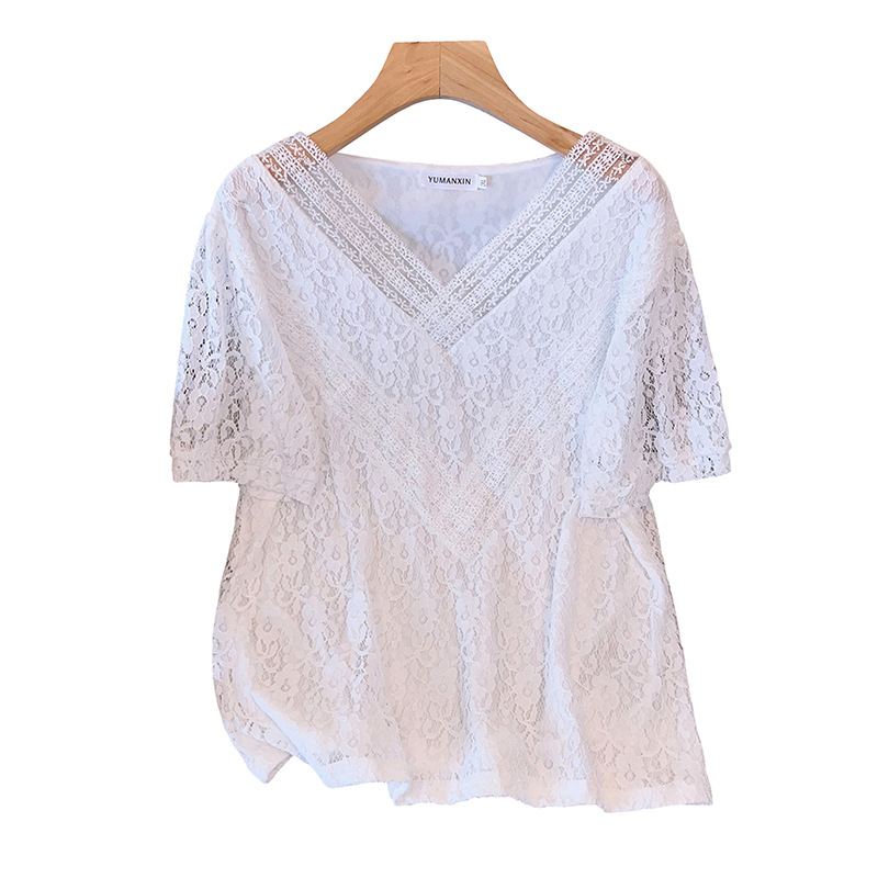 大码短袖白色蕾丝衫时尚显瘦200斤胖mm夏季镂空短袖T恤衫V领上衣 - 图3