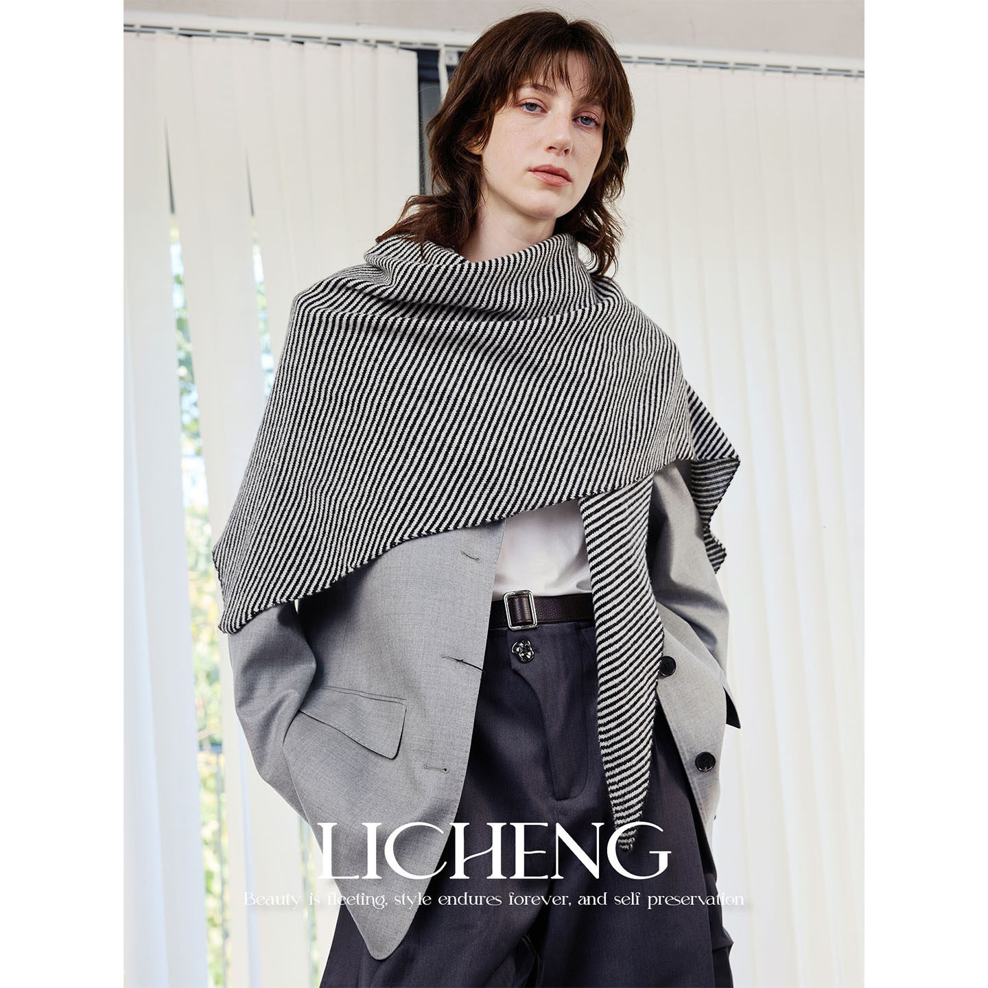 礼诚 100%纯羊毛针织三角巾女秋冬百搭保暖条纹围巾高级感大披肩