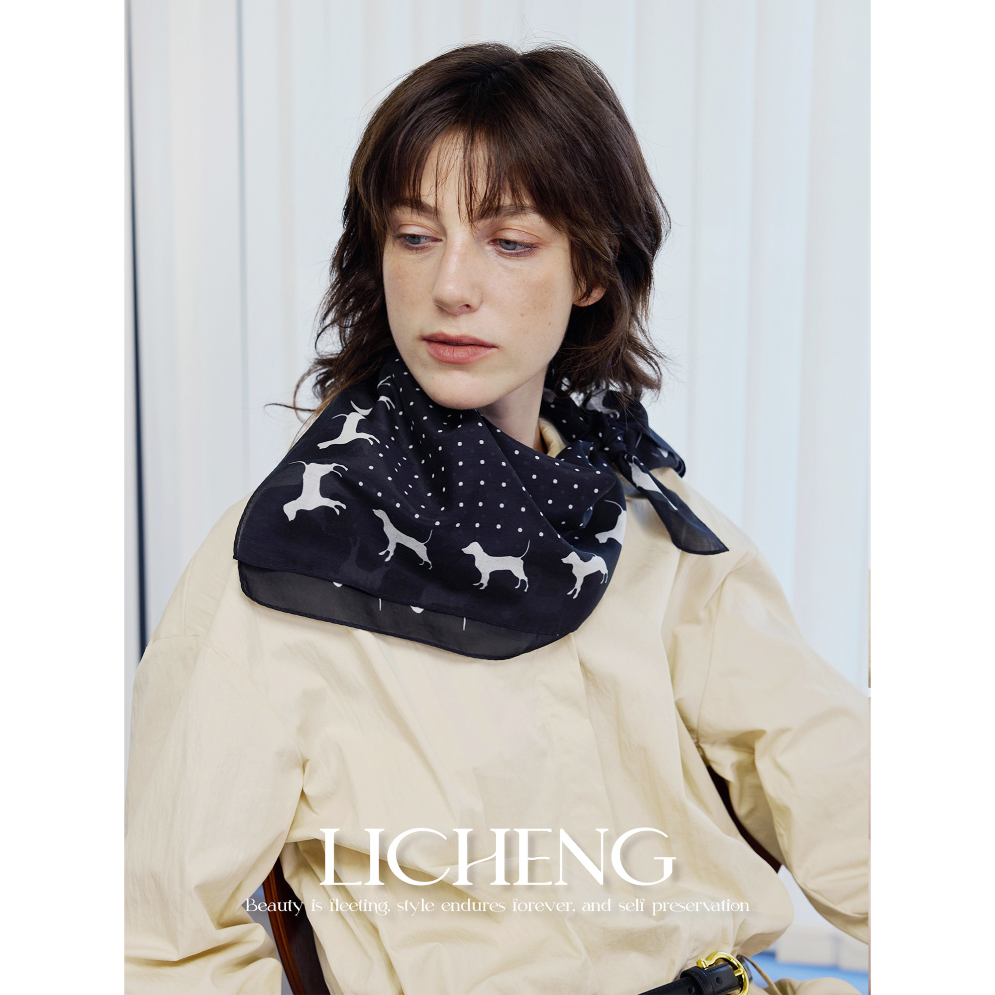 礼诚 复古波点小狗印花方巾新款时髦头巾真丝混棉丝巾女搭配领巾,淘宝优惠券,粉丝福利购,淘宝优惠卷