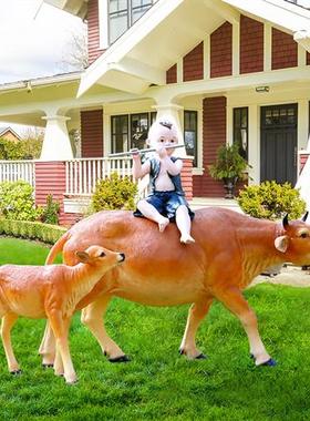 仿真牛雕塑玻璃钢黄牛摆件牧童骑牛农耕文化店铺门口园林景观装饰