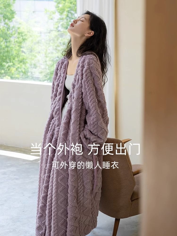 少女提花珊瑚绒睡衣女冬款2023年新款加厚加绒长袖居家服睡袍睡裙