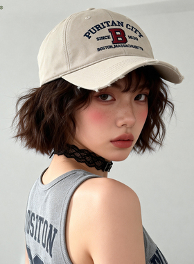 美式复古字母刺绣红色棒球帽子女破洞鸭舌帽韩版软顶显脸小弯檐帽