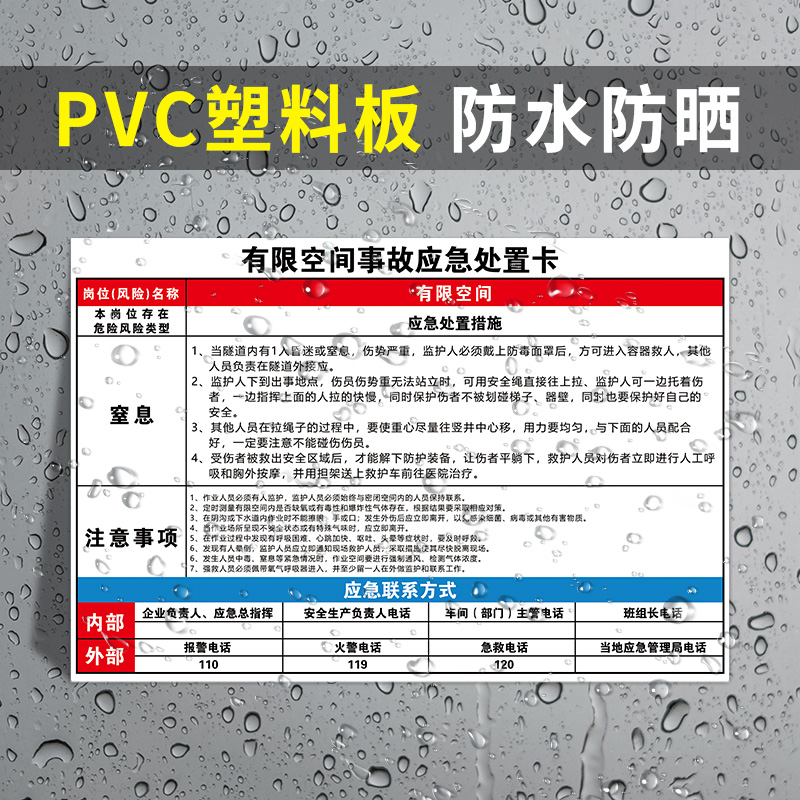 电工岗位应急处置卡空压机安全告知卡机械伤害事故火灾触电有限空间事故危险化学品泄漏应急处置方案标牌