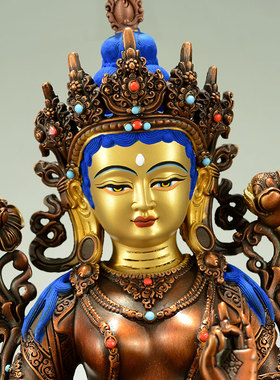 闯隆紫铜绿度母摆件面部鎏金