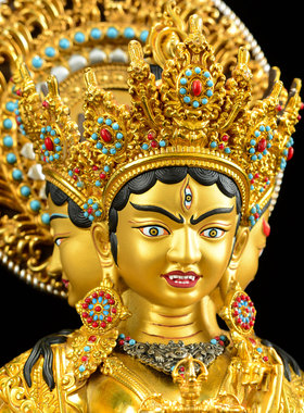 闯隆铜铸尊胜佛母带背光鎏金摆件